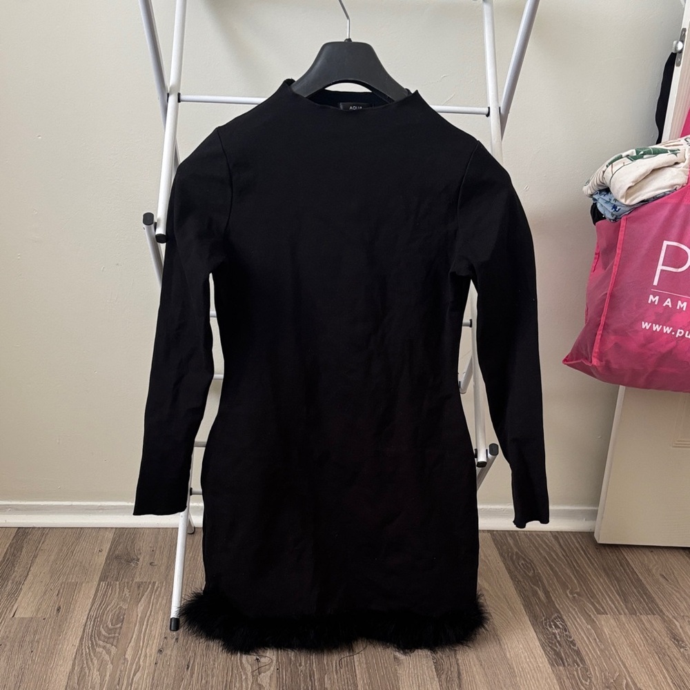 Aqua Black Long Sleeve Dress with Feather Detail